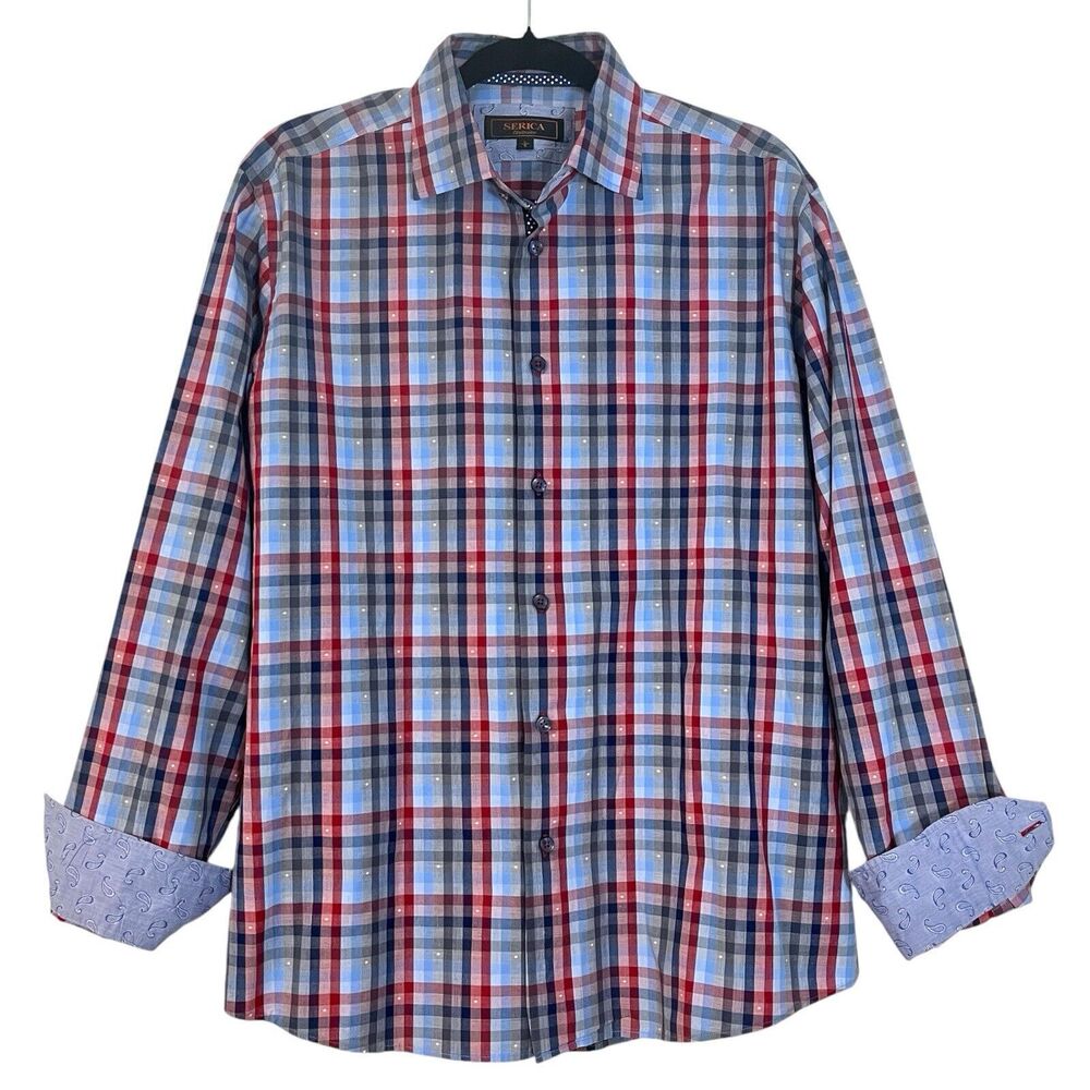 Serica Classics Red Blue Gingham Shirt Paisley Cuff Accent Patriotic Men’s Large